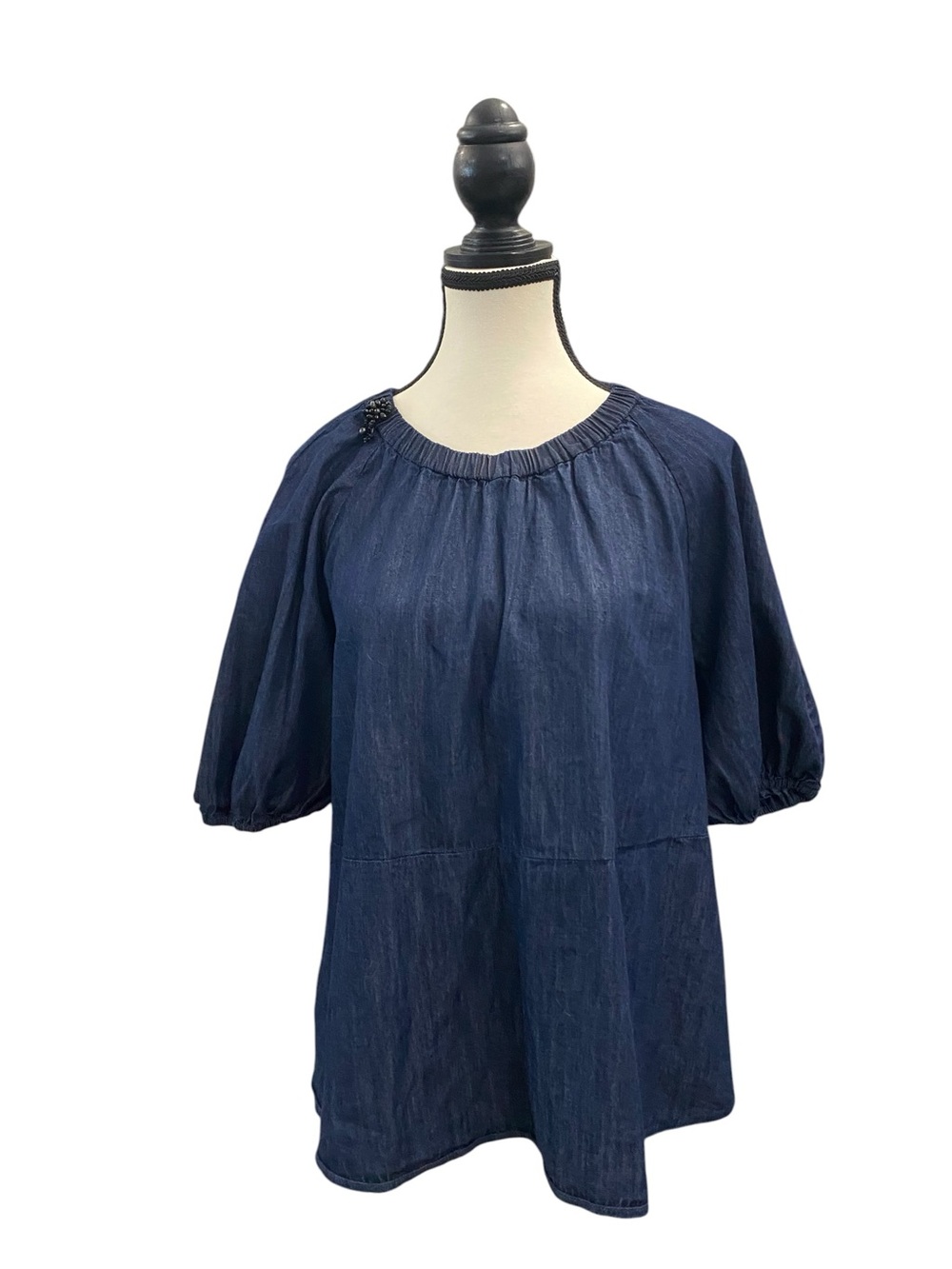MaxMara Navy Peasant Top with Puff Sleeves denim look, dark wash size 4